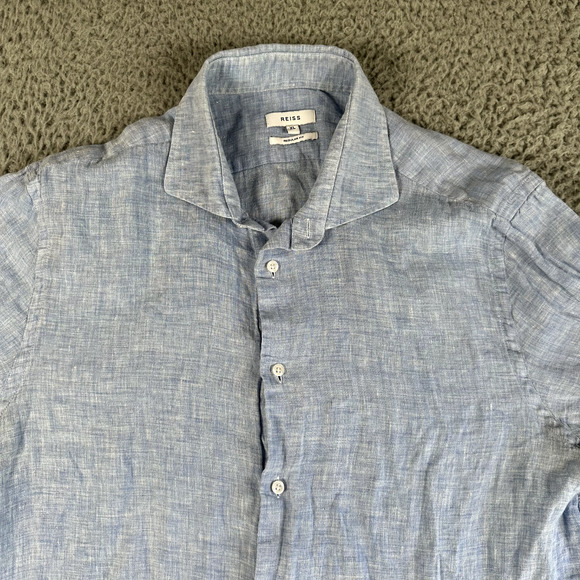 Reiss Shirt Men's XL Blue Button Up 100% Linen Regular Fit Casual Long Sleeve - Picture 2 of 13